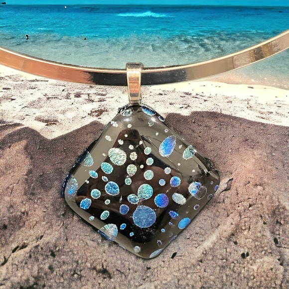 Artisan Jewelry - Artisan fused dichroic 1” blue & green bubble  pendant on 15” stainless choker